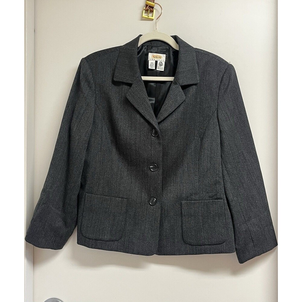 100% Pure New Wool Talbots Petites Blazer Charcoal Gray Vintage Jacket Sz 14